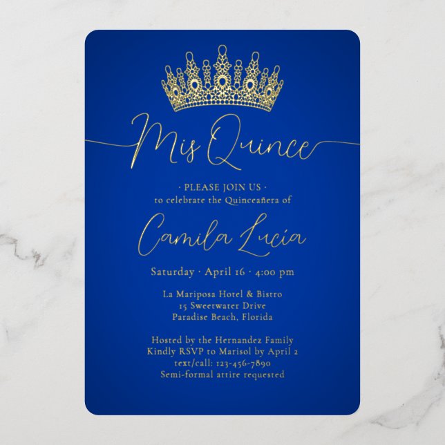 Invitación Con Relieve Metalizado Mis Quince 3 Collage de fotos Quinceañera Royal Bl (Anverso)