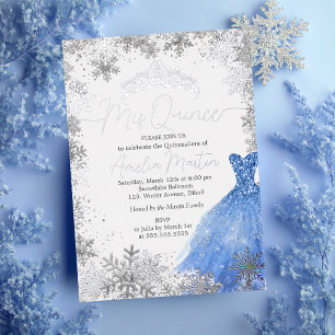 Invitación Con Relieve Metalizado Mis Quince Copo de Nieve Azul Quinceañera
