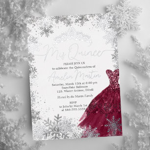 Invitación Con Relieve Metalizado Mis Quince Copo de Nieve Borgoña Quinceañera