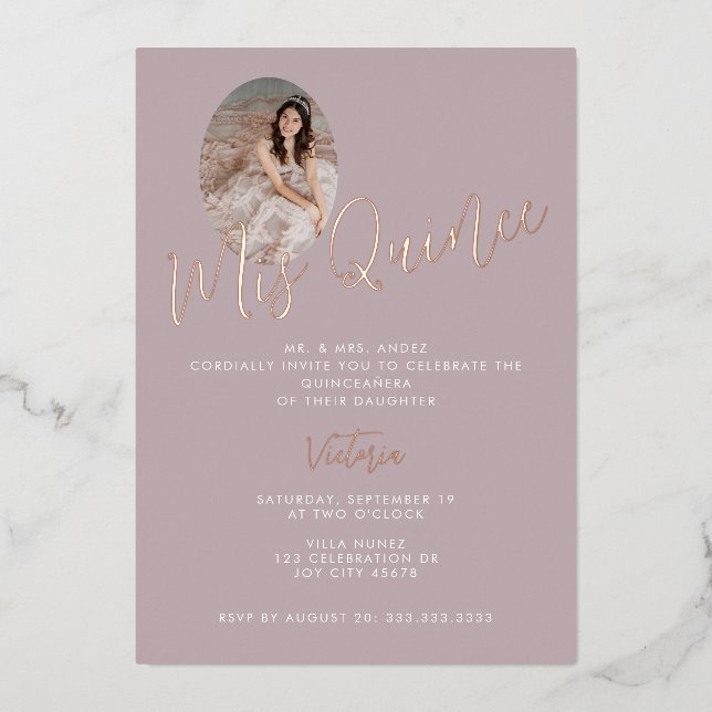 Invitación Con Relieve Metalizado Mis Quince Pink 15º cumpleaños quinceañera Gold (Anverso)