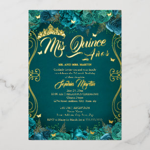 Invitación Con Relieve Metalizado Mis Quince Quinceañera Rollo Floral Verde Teal Dor