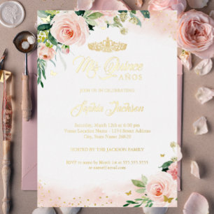Invitación Con Relieve Metalizado Mis Quince Rosa Dorado Floral Quinceanera Cumpleañ