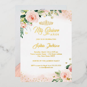 Invitación Con Relieve Metalizado Mis Quince Rosa Floral Foto Cumpleaños Quinceañera