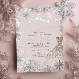Invitación Con Relieve Metalizado Mis Quince Rubor Winter Snowflake Quinceanera