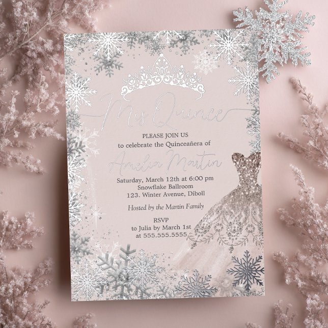 Invitación Con Relieve Metalizado Mis Quince Rubor Winter Snowflake Quinceanera (Subido por el creador)