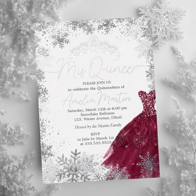 Invitación Con Relieve Metalizado Mis Quince Snowflake Burgundy Quinceanera (Subido por el creador)