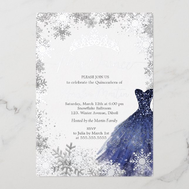 Invitación Con Relieve Metalizado Mis Quince Snowflake Naval Quinceanera (Anverso)