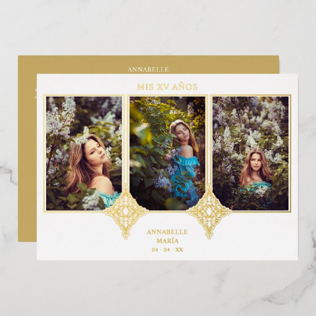 Invitación Con Relieve Metalizado Mis XV Años Español 3 Fotos Efecto Encaje Dorado (Anverso/Reverso)