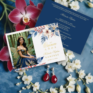 Invitación Con Relieve Metalizado Mis XV Delicate Blue Red Shades Floral Botanical