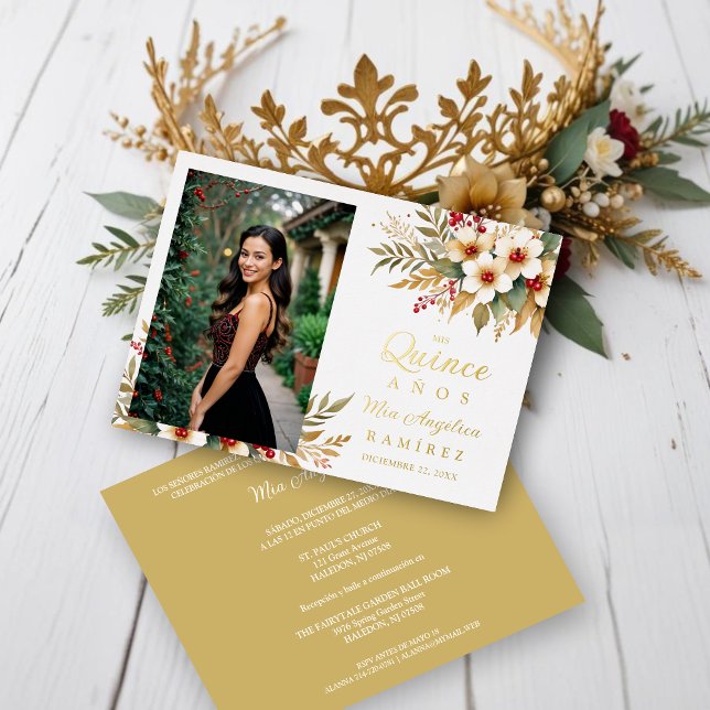 Invitación Con Relieve Metalizado Mis XV Delicate Christmas Spanish Floral Photo (Delicate Christmas Faux Gold & Red Shades Floral Botanical Bouquets Photo Quinceañera Metallic Foil )