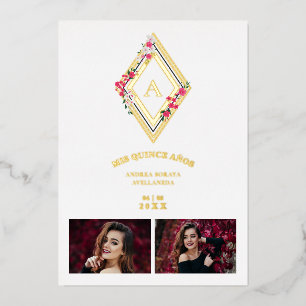 Invitación Con Relieve Metalizado Mis XV Initial 2 Photos Gold Effect Floral Diamond