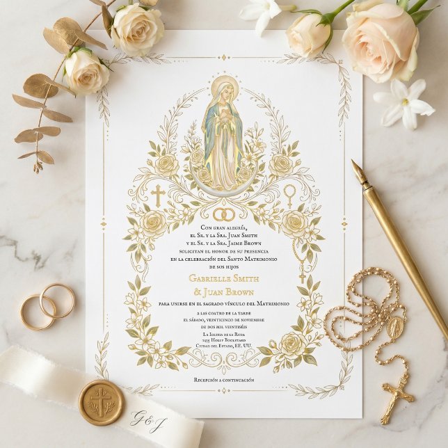 Invitación Con Relieve Metalizado Misa de Velació Catholic Virgin Mary Nuptial Mass  (Subido por el creador)