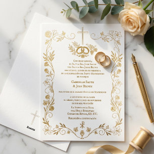 Invitación Con Relieve Metalizado Misa Nupcial Católica Boda Española
