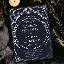 Invitación Con Relieve Metalizado Mística Elegante Boda Tarot Gótico Plata Navy