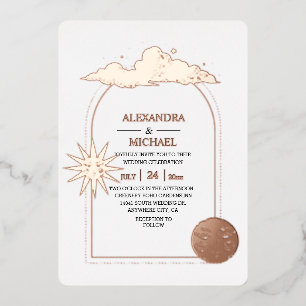 Invitación Con Relieve Metalizado Místico Negro Dorado Estrellas Celestiales Boda Fo