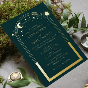Invitación Con Relieve Metalizado Místico Verde Sol Luna Astronomia Espacio Oro