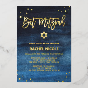 Invitación Con Relieve Metalizado Mitzvah azul brillante y oro