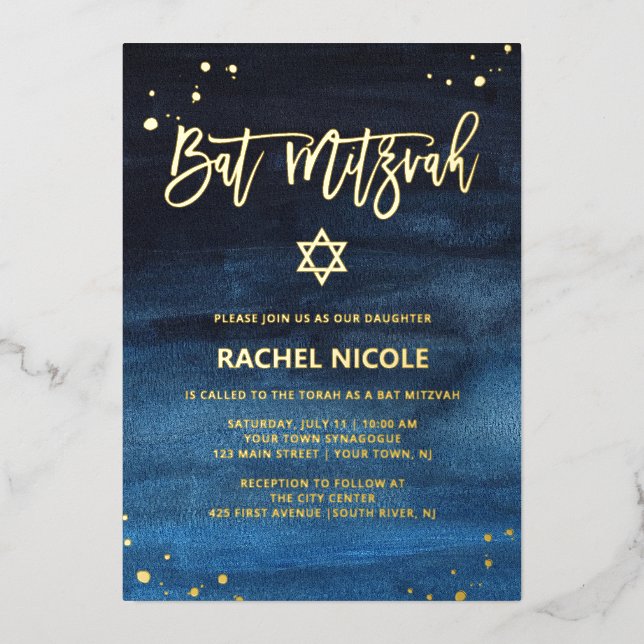Invitación Con Relieve Metalizado Mitzvah azul brillante y oro (Anverso)