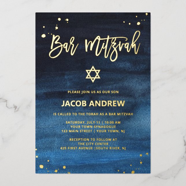Invitación Con Relieve Metalizado Mitzvah, bar azul y oro brillante (Anverso)
