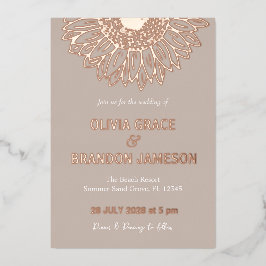 Invitación Con Relieve Metalizado Mocha Rosa Oro Girasol Boda Floral Moderno