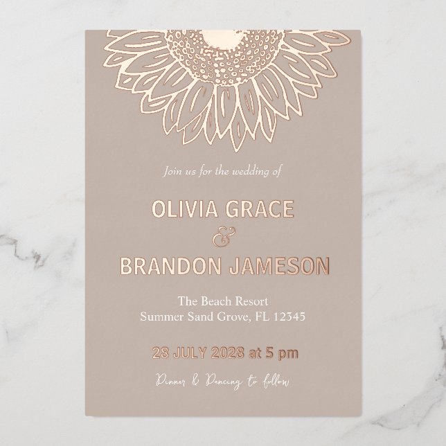 Invitación Con Relieve Metalizado Mocha Rosa Oro Girasol Boda Floral Moderno (Anverso)