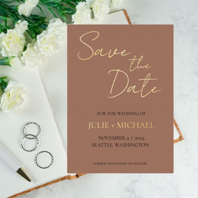 Invitación Con Relieve Metalizado Mocha Simple Style Wedding Save the Date (In Situ Wedding)