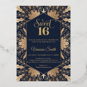 Invitación Con Relieve Metalizado Moda azul marino y auténtico foil de oro sweet six