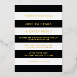 Invitación Con Relieve Metalizado Moda Black and White Stripes Boda Gold