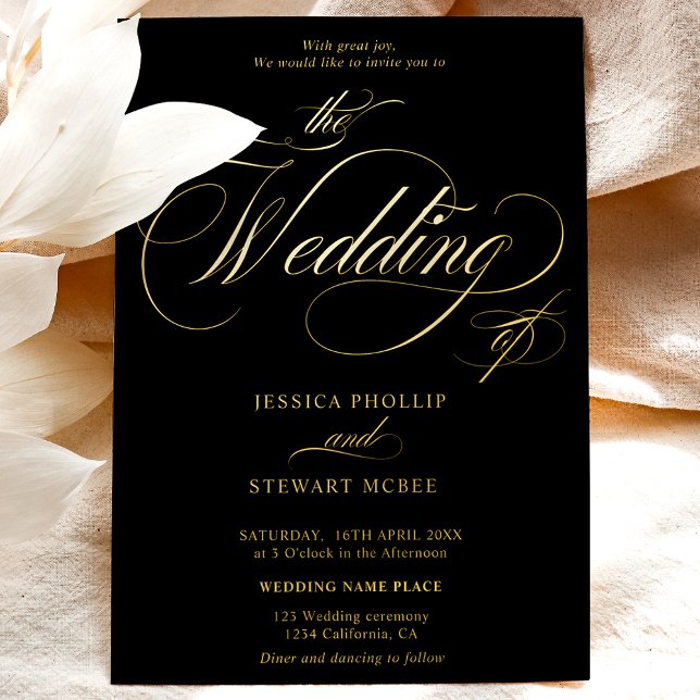 Invitación Con Relieve Metalizado Moda boda de caligrafía de fotografía negra (Subido por el creador)
