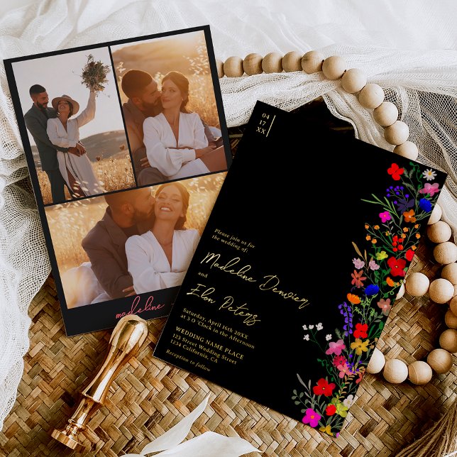 Invitación Con Relieve Metalizado Moda boho flores silvestres brillantes 3 fotos bod (Subido por el creador)
