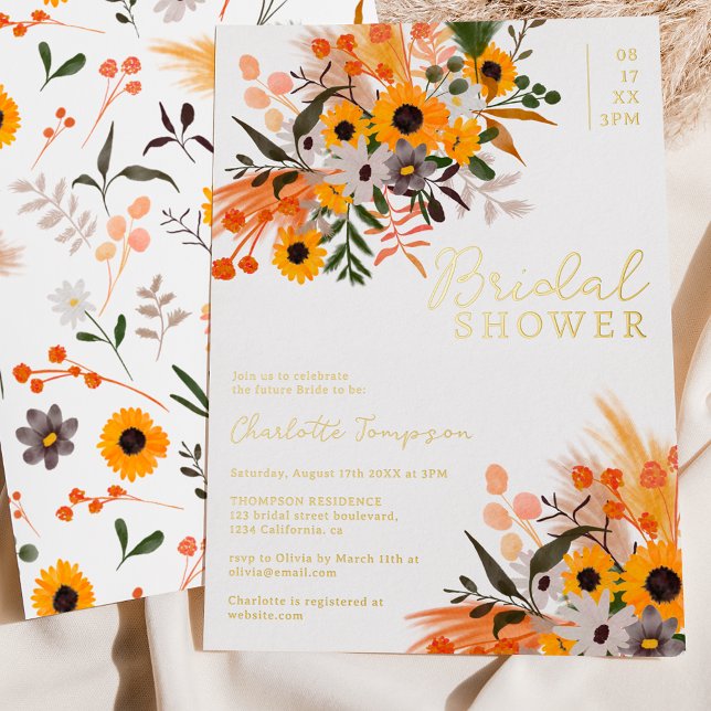 Invitación Con Relieve Metalizado Moda Boho naranja rústico girasoles ducha de novia (Subido por el creador)