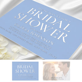 Invitación Con Relieve Metalizado Moda Bridal Shower Photo Typography Blue Silver