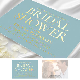 Invitación Con Relieve Metalizado Moda Bridal Shower Photo Typography Oro Verde azul