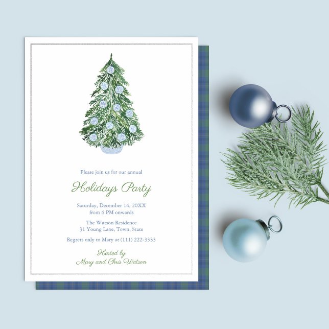 Invitación Con Relieve Metalizado Moda Chinoiserie Navidades vacaciones Fiesta Azul (Refined Holidays Party Invitation with hand painted elements and real foil border)
