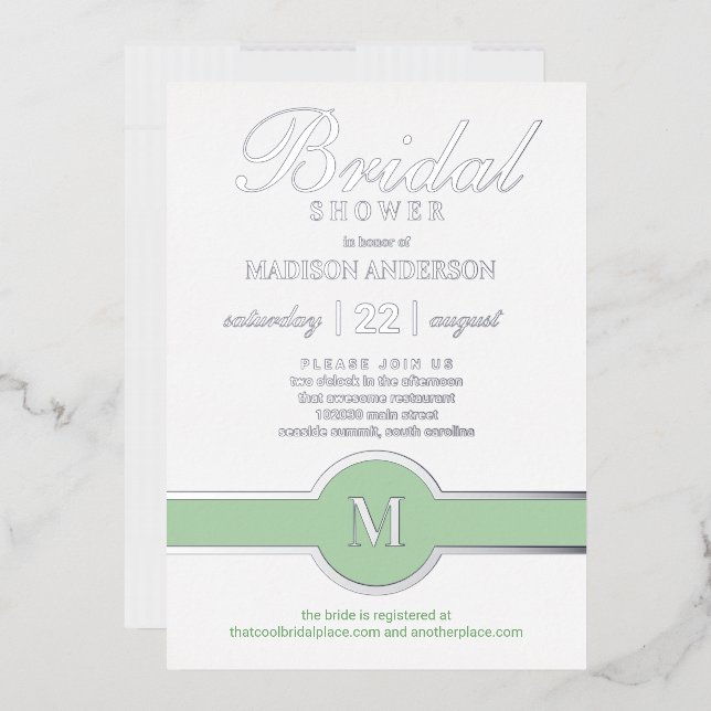Invitación Con Relieve Metalizado Moda de Monograma Lujo Ducha Bridal Plata Verde (Sobre)