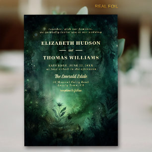 Invitación Con Relieve Metalizado Moda de oro esmeralda de selva encantada Boda eleg
