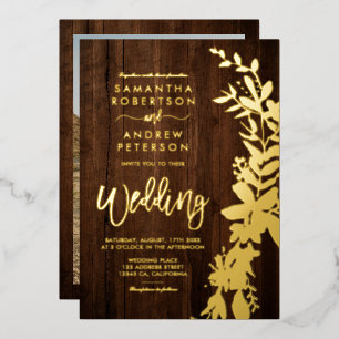 Invitación Con Relieve Metalizado moda dorada floral boda madera marrón rústica