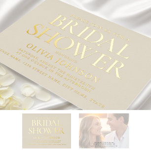 Invitación Con Relieve Metalizado Moda Ducha de novia fotografía tipografía Beige Go