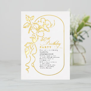 Invitación Con Relieve Metalizado Moda Floral Elegante Oro de Cumpleaños Moderno