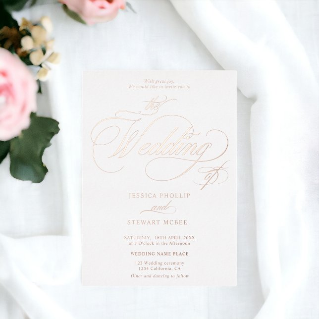 Invitación Con Relieve Metalizado Moda fotografía caligrafía boda rosa oro (Chic photo calligraphy wedding rose gold foil invitation)