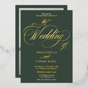 Invitación Con Relieve Metalizado Moda fotografía verde caligrafía boda oro