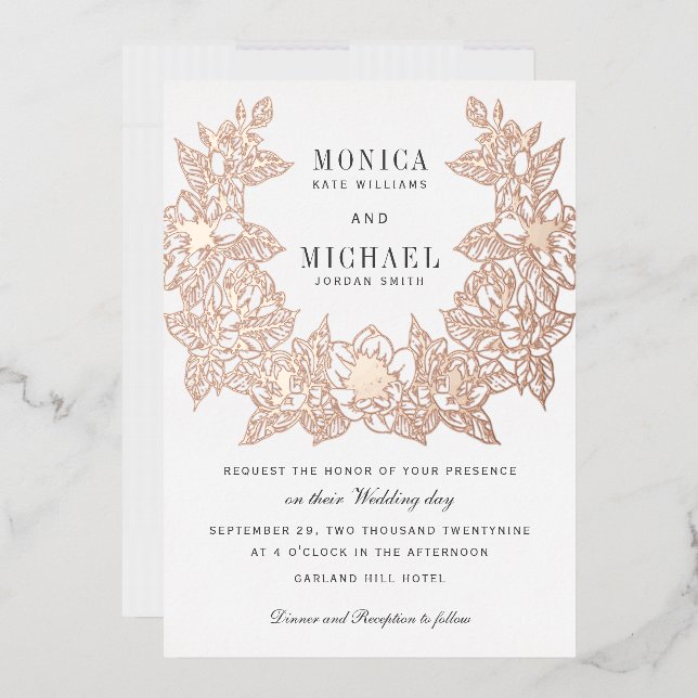 Invitación Con Relieve Metalizado Moda Magnolia Wreath Wedting ROSA GOLD (Sobre)