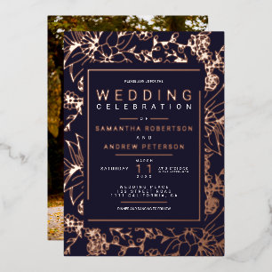 Invitación Con Relieve Metalizado Moda marco floral azul marino elegante foto de bod