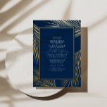 Invitación Con Relieve Metalizado Moda moderna Playa Palm & RSVP Código QR Boda Oro<br><div class="desc">Presenta un diseño moderno con hojas de palma de Relieve metalizado dorado tropical real sobre un fondo azul marino combinado con una tipografía caligráfica elegante, para un aspecto de moda. Ahorre toneladas de dinero agregando detalles y código QR en la parte posterior para que sus invitados puedan rsvp. ¿Necesita piezas...</div>