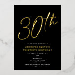 Invitación Con Relieve Metalizado Moda moderna Script 30º 30º Fiesta de cumpleaños<br><div class="desc">Esta moderna invitación de fiesta de 30 años cuenta con un fondo negro de moda con un guión de Relieve metalizado dorado elevado y una tipografía moderna en blanco y plano. El guión dice "30". Todos los colores son de personalizable completo y sencillo. ¡Incluso puedes añadir una foto al fondo!...</div>