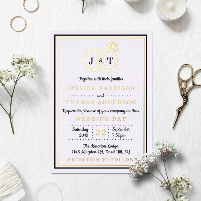 Invitación Con Relieve Metalizado Moda Monograma Boda Anillos Reales (Subido por el creador)