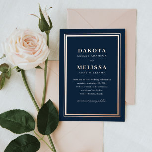 Invitación Con Relieve Metalizado Moda Navy y Rosa Oro Moderno Boda de fotografía el