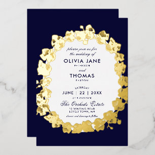 Invitación Con Relieve Metalizado Moda Orquídea Floral Guión de flores Navy Boda de 