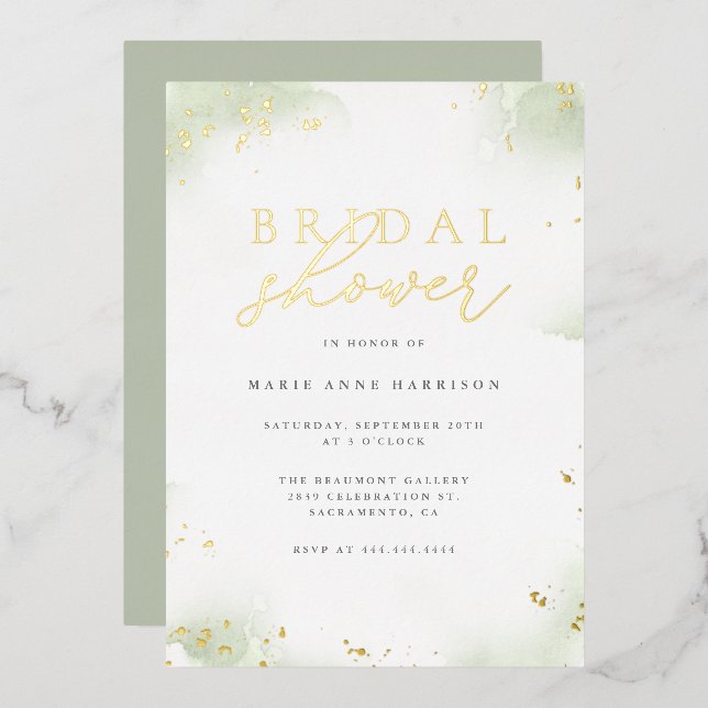 Invitación Con Relieve Metalizado Moda Sage Green Gold Dust Bridal Shower (Anverso/Reverso)
