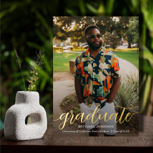 Invitación Con Relieve Metalizado Moda Script Foto Graduación de oro